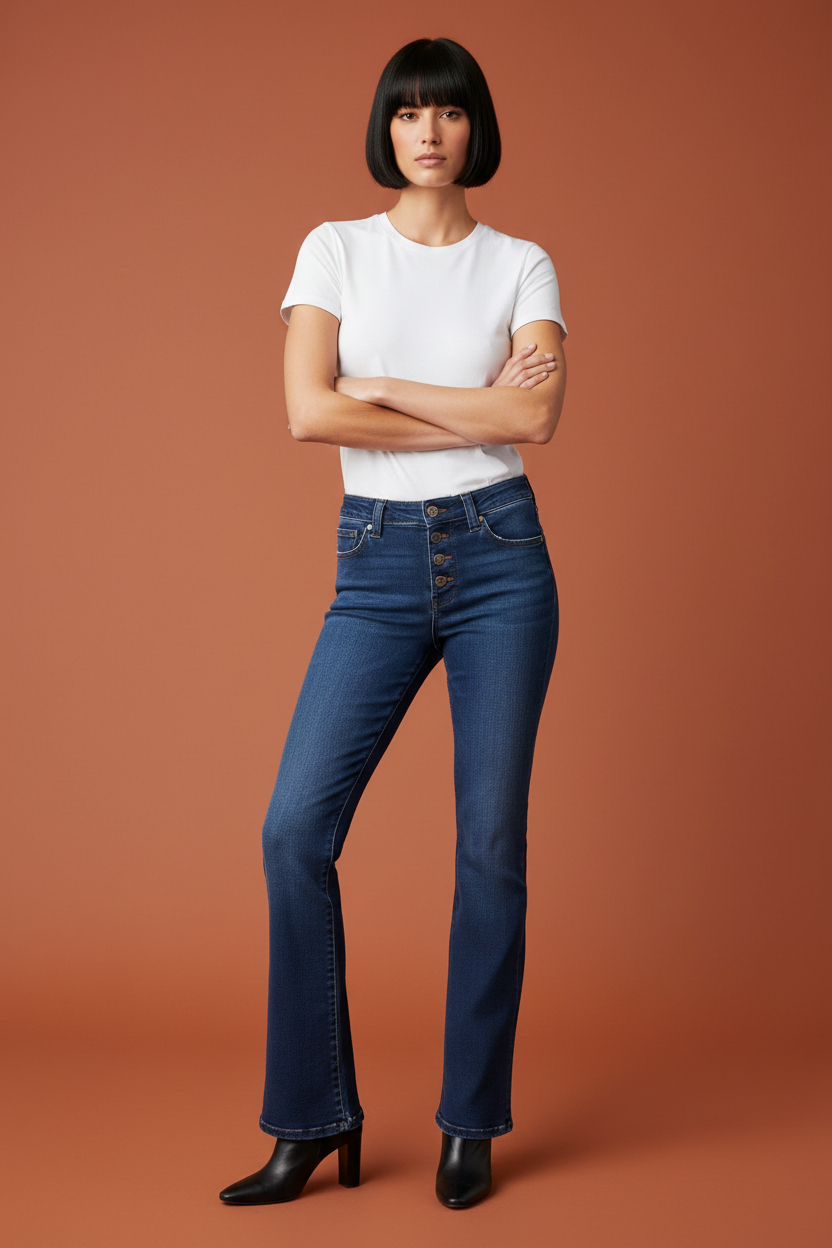 Bootcut jeans lifestyle editorial colored background