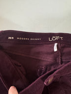 Close-up of a maroon pants waistband with 'LOFT' branding and size label.