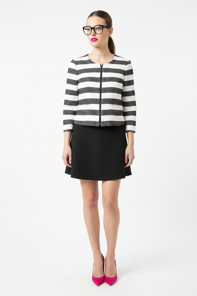 Black & White Striped Jacket 3/4 Sleeves