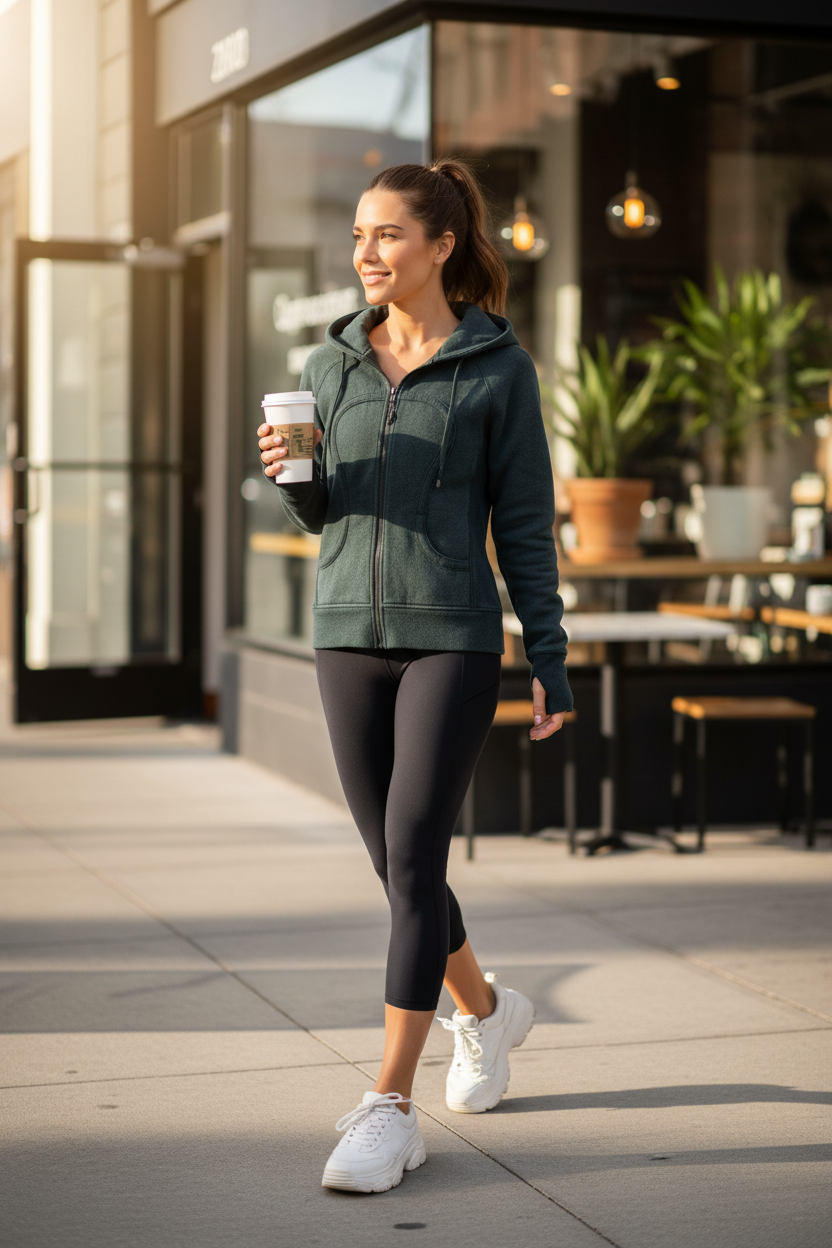 Dark green Lululemon hoodie coffee lifestyle shot
