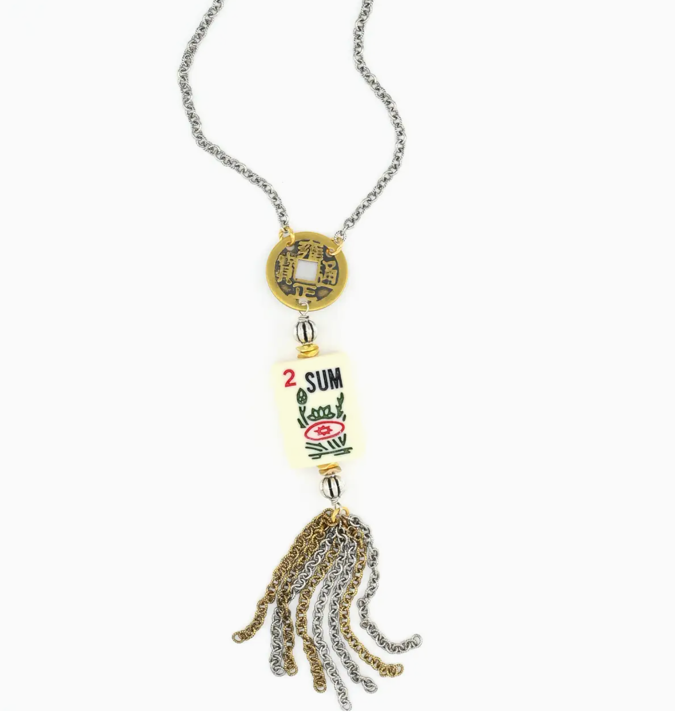 Mahjong tile necklace with gold and silver tassle chain