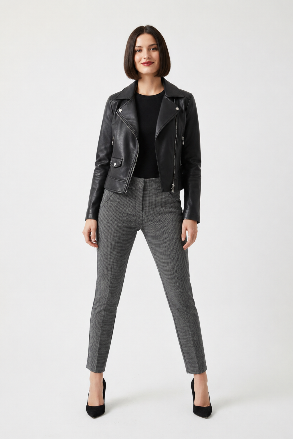 Woman wearing Marisa Skinny pants with heels and a moto jacket