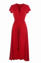 A vibrant red midi dress with short sleeves, a deep V-neckline, and a twisted wrap-style bodice, shown against a plain white background.