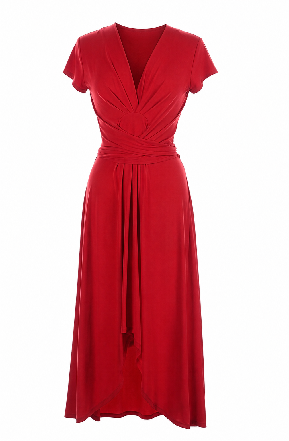 A vibrant red midi dress with short sleeves, a deep V-neckline, and a twisted wrap-style bodice, shown against a plain white background.