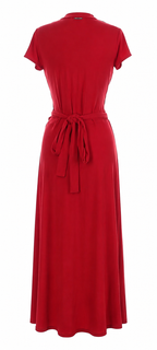 A red short-sleeve maxi dress with a tie waist belt, shown from the back on a plain white background.