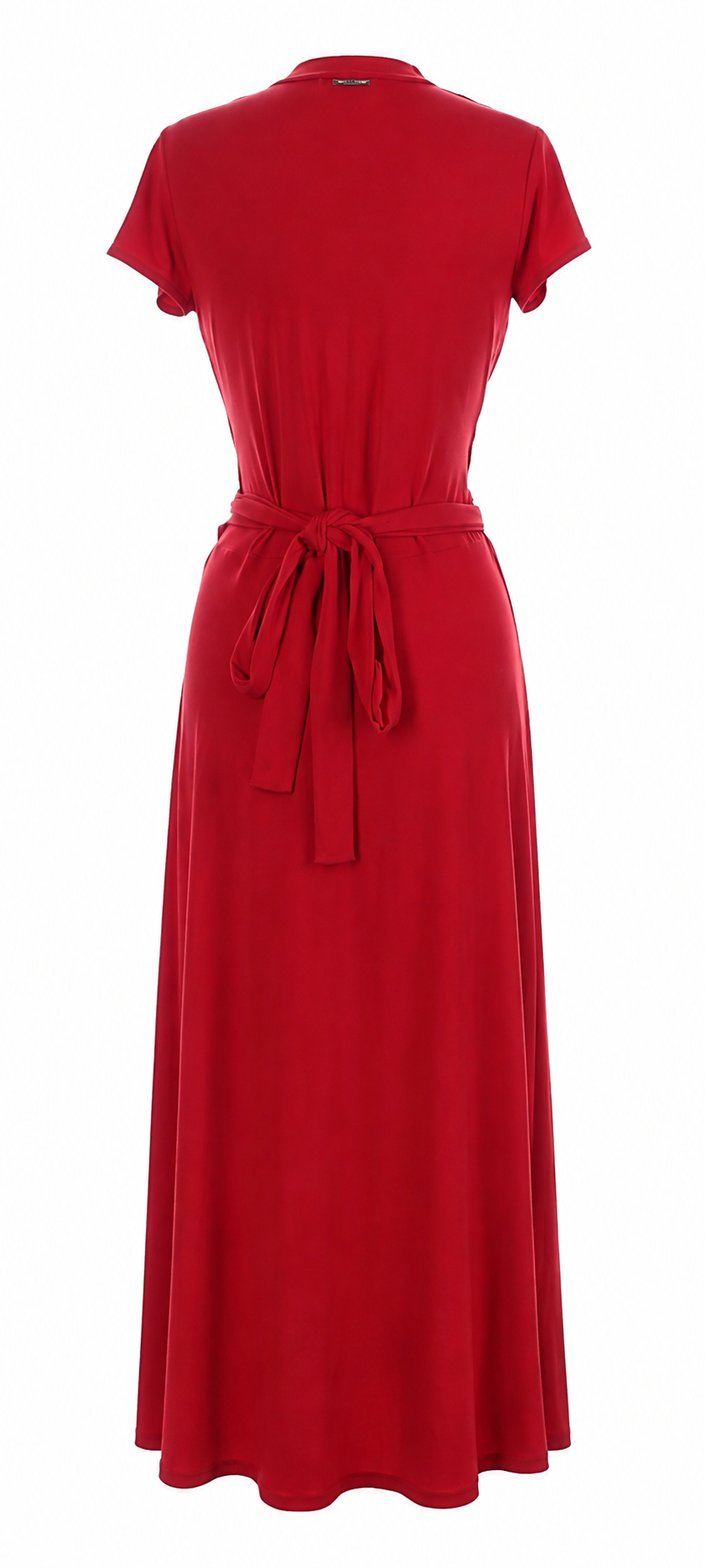 A red short-sleeve maxi dress with a tie waist belt, shown from the back on a plain white background.