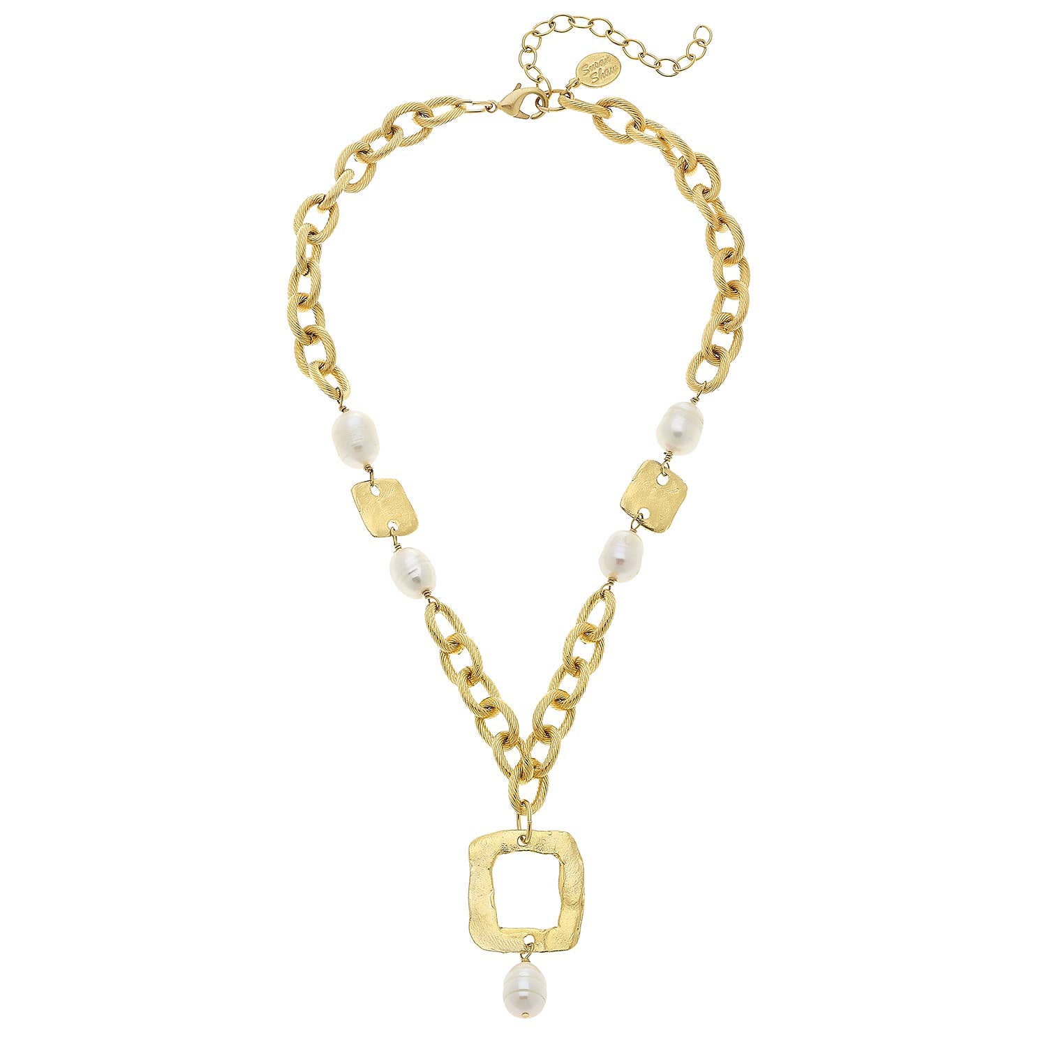 Gold chain necklace with square pendants and pearls on a white background