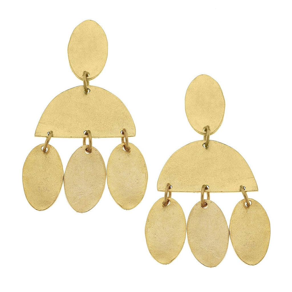 Pair of gold earrings with oval shapes on a white background