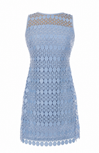 A sleeveless light blue crochet lace dress with circular cutout details and a scalloped hem, shown against a plain white background.