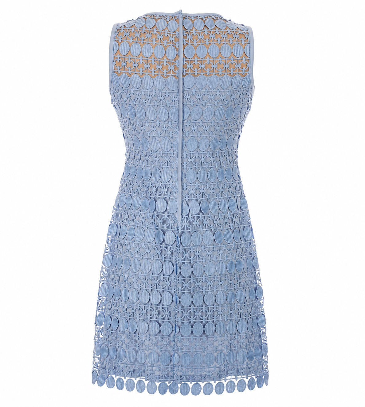 A sleeveless light blue crochet lace dress with circular cutout details and a matching tassel hem, shown against a plain white background.