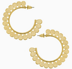 A pair of gold-tone hoop earrings with a scalloped, petal-like border design, shown on a plain white background.