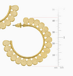 Gold-tone scalloped hoop earrings shown on a white background with a vertical measurement ruler in millimeters and inches.