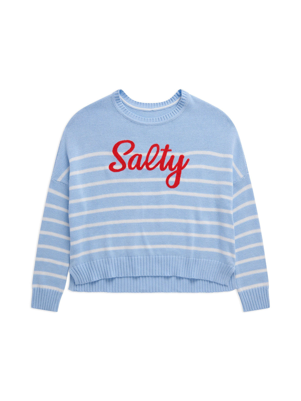 Light blue sweater with white stripes and red text on a white background