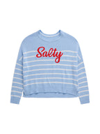 Light blue sweater with white stripes and red text on a white background