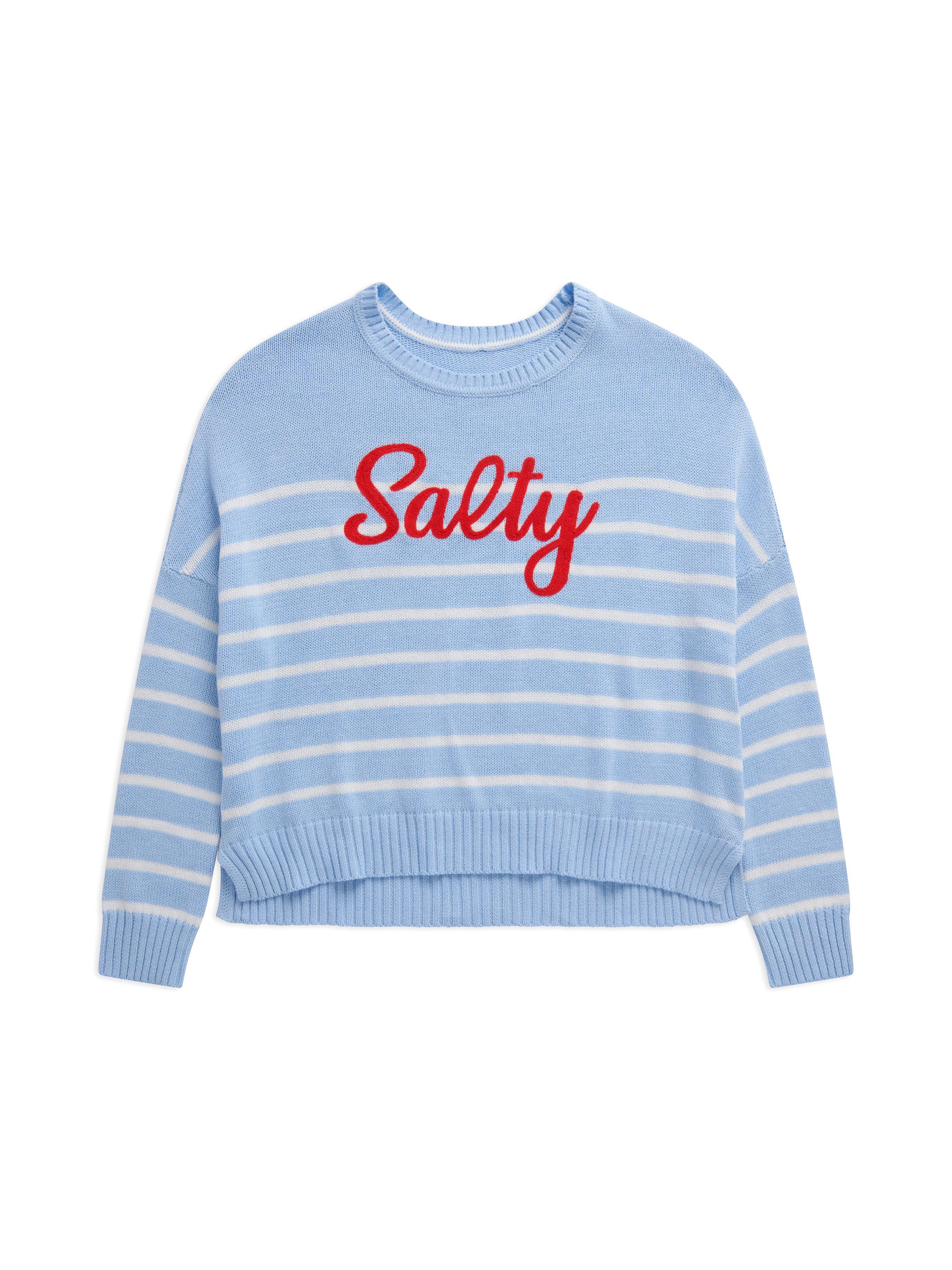 Light blue sweater with white stripes and red text on a white background