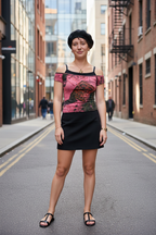 Girl in a city wearing sandals, a skirt and the Urban Outfitters off shoulder top with tank layer
