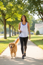Spanx leggings dog walking lifestyle shot