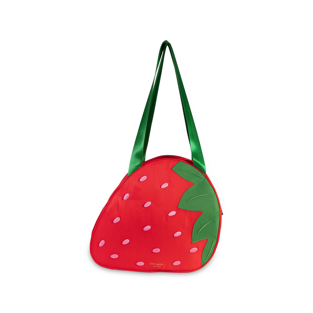 Strawberry-shaped bag with green handle on a white background