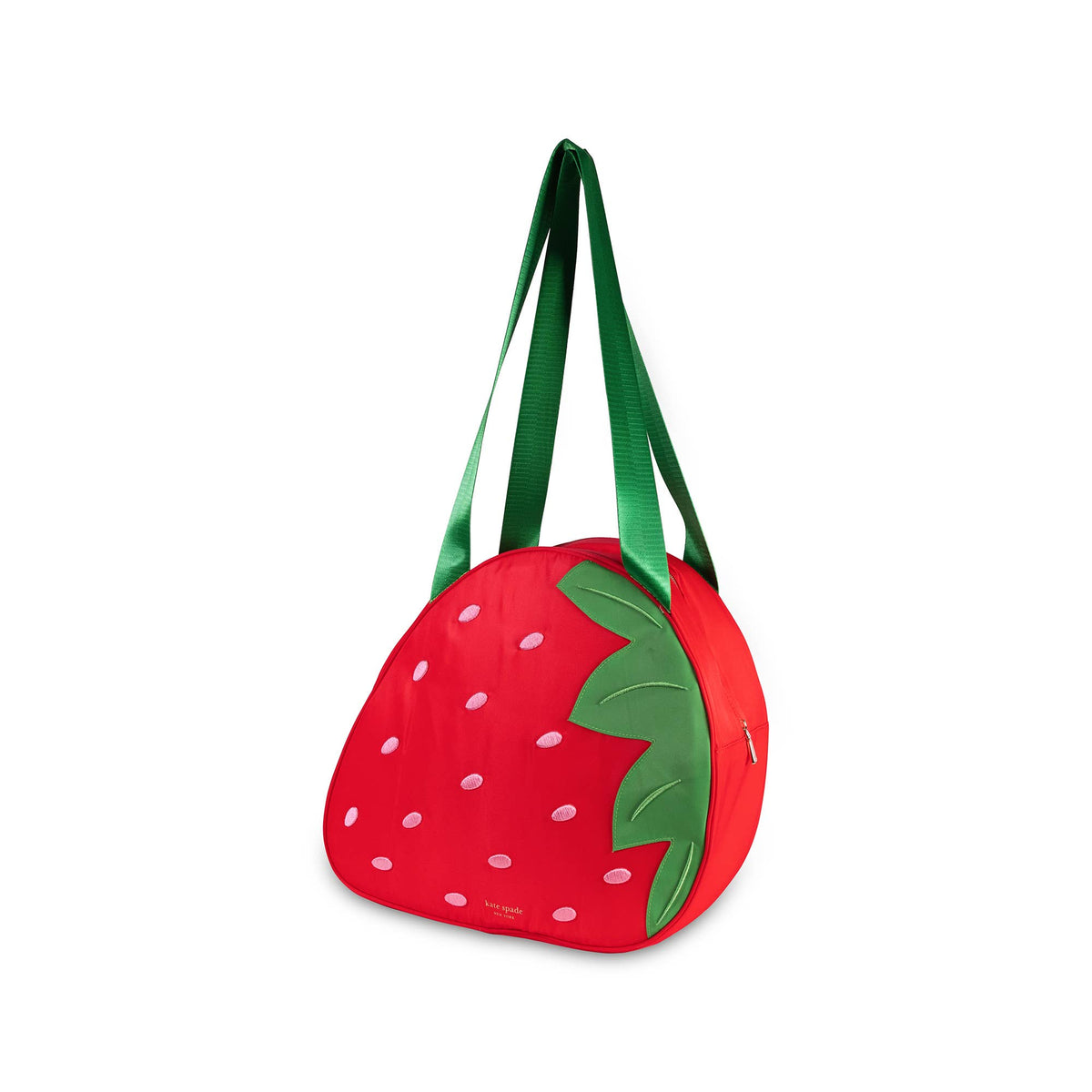 Strawberry-shaped bag with green handle on a white background