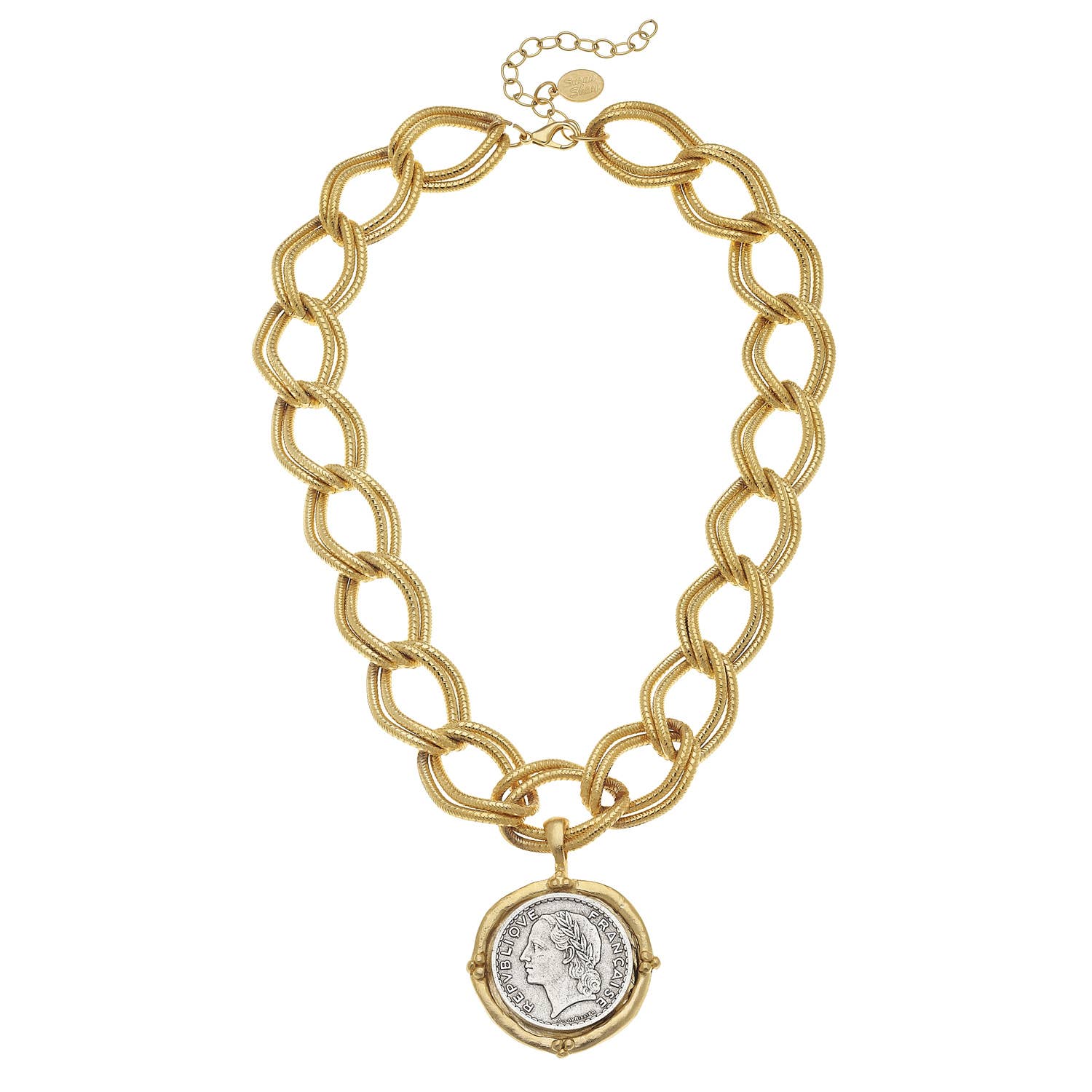 Gold chain necklace with a coin pendant on a white background