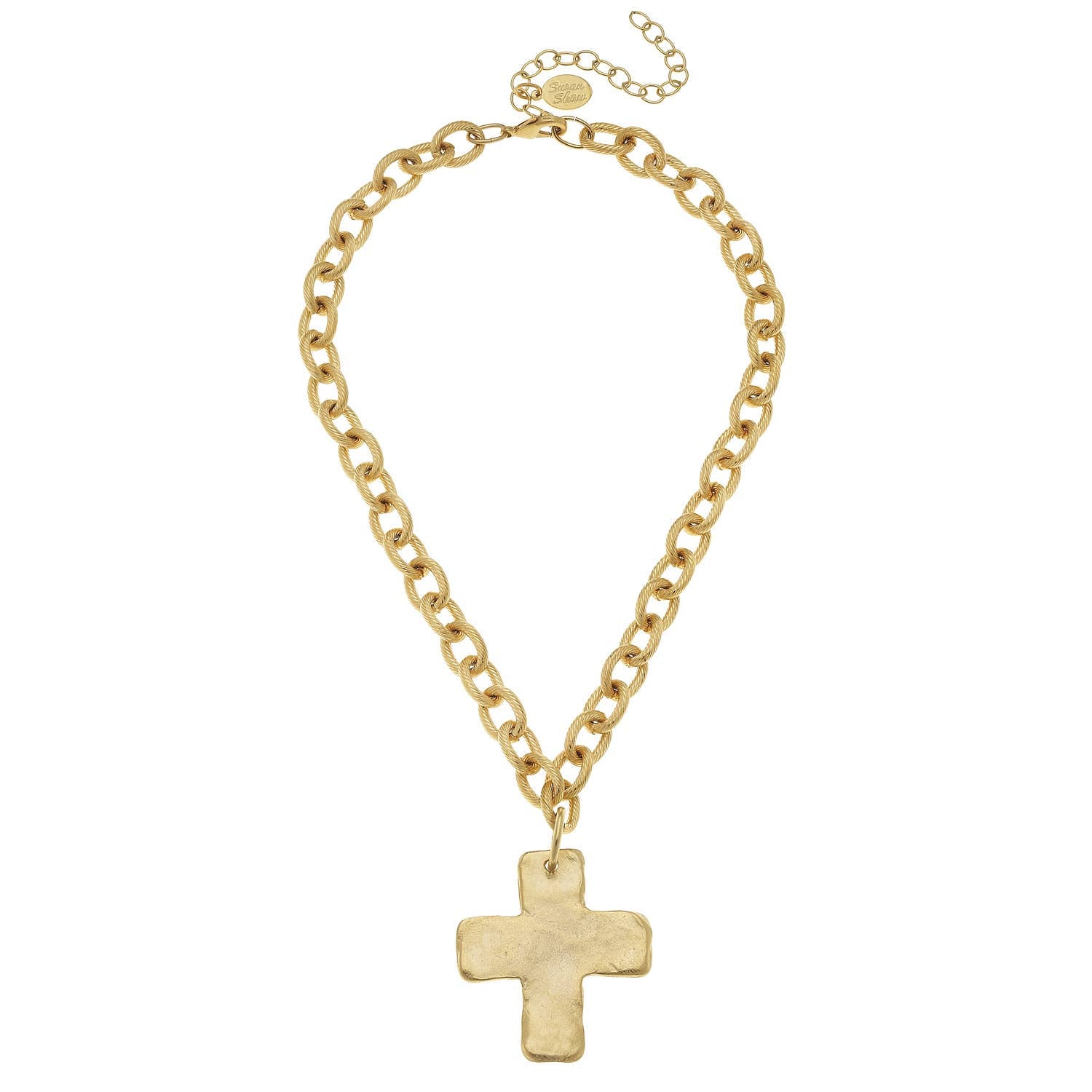 Gold chain necklace with a cross pendant on a white background