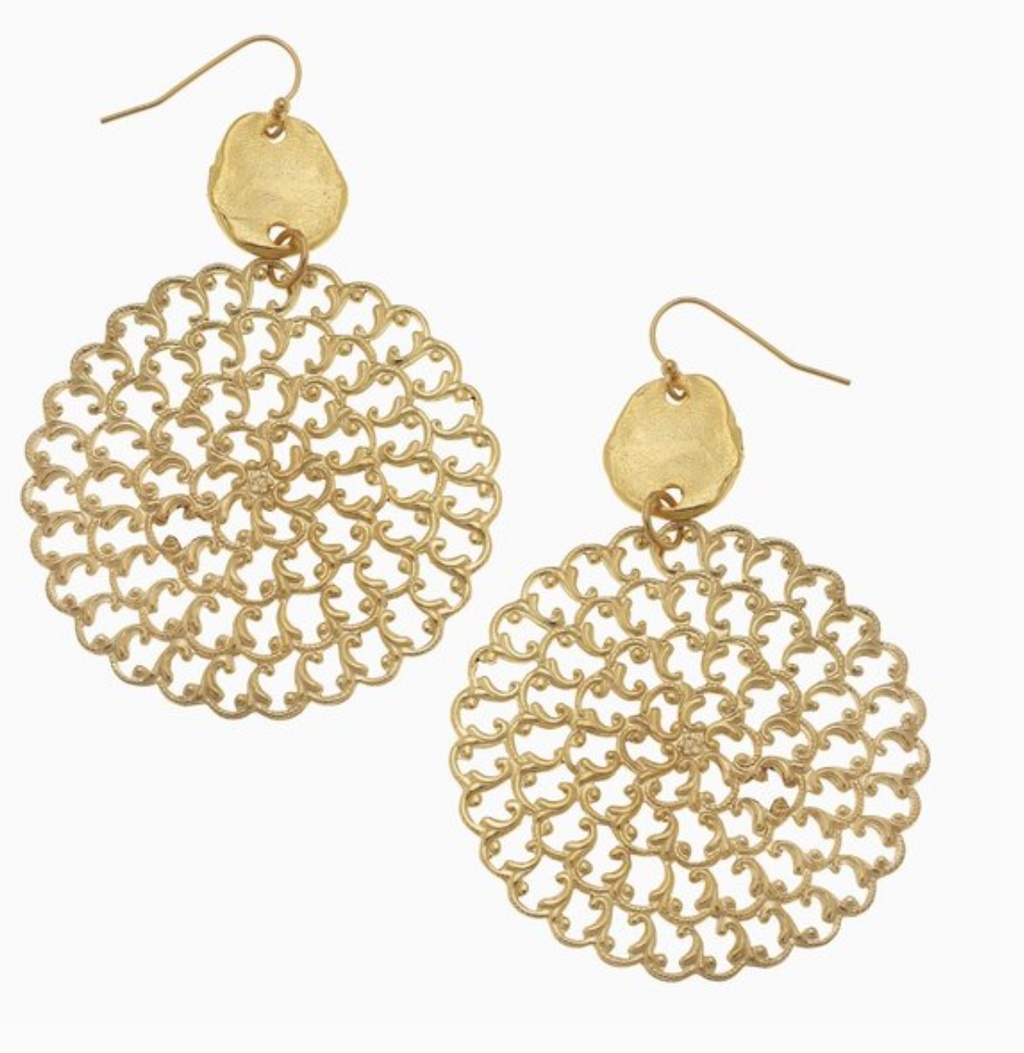 Gold lace-style earrings on a white background