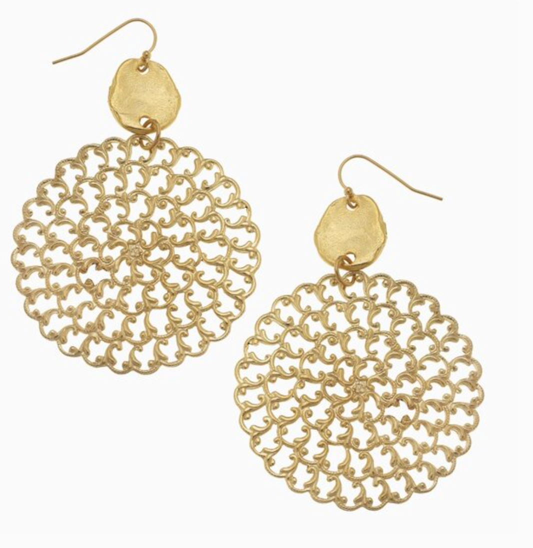 Gold lace-style earrings on a white background