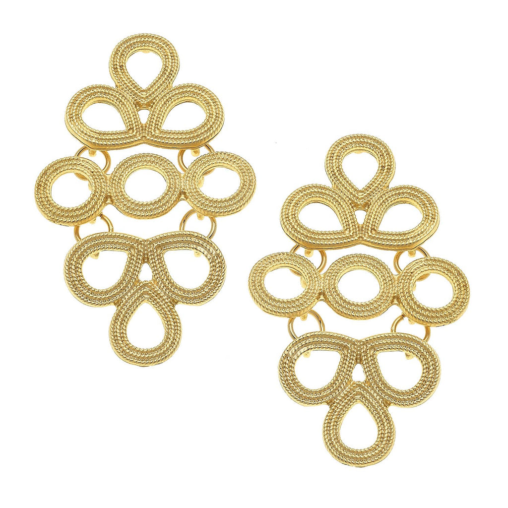 Gold earrings with intricate design on a white background