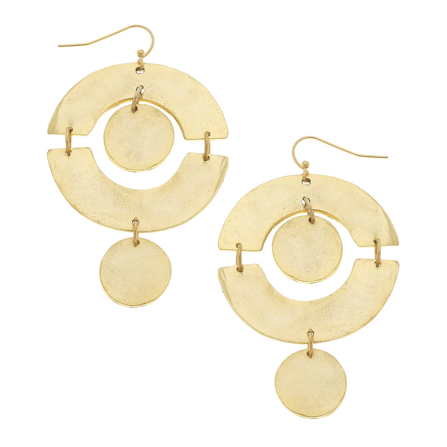Gold circular earrings on a white background
