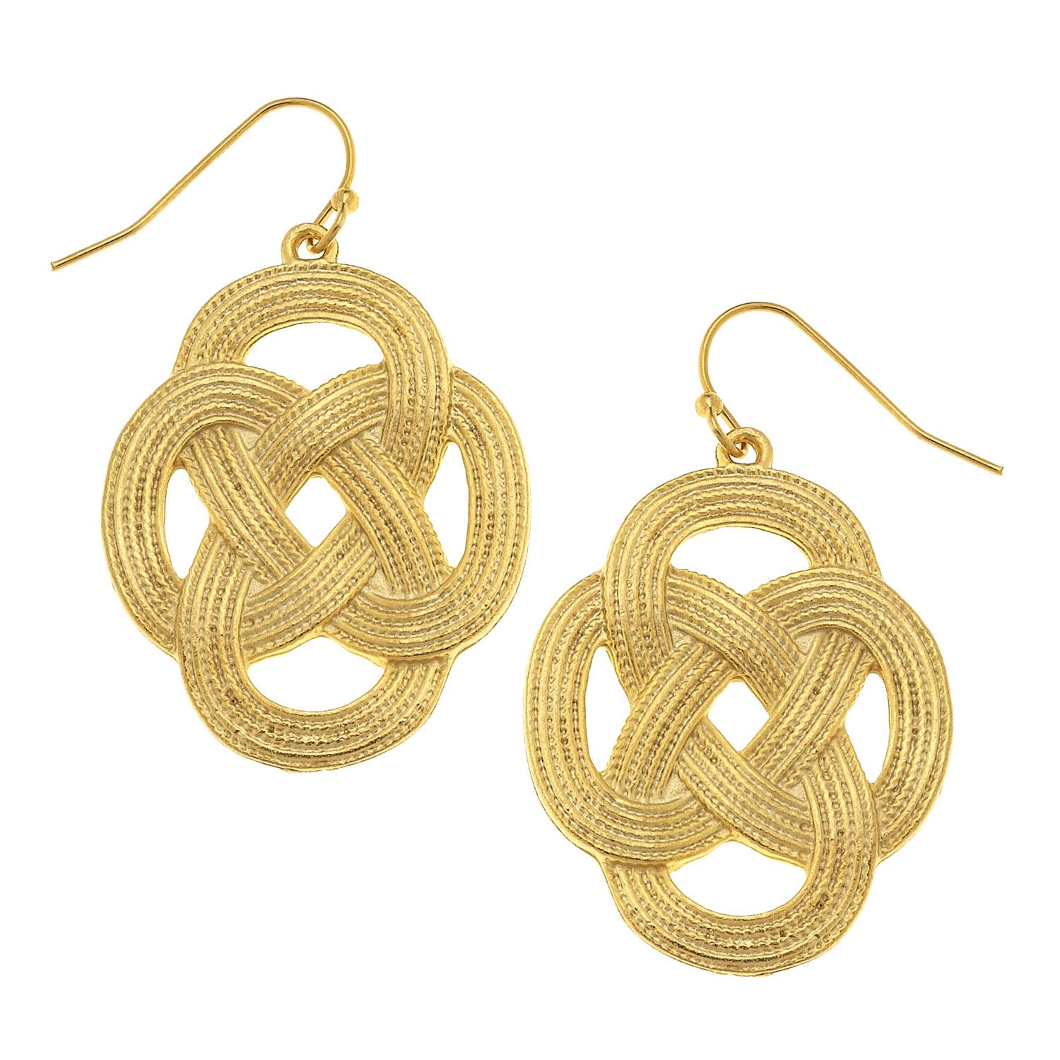 Gold Celtic knot earrings on a white background