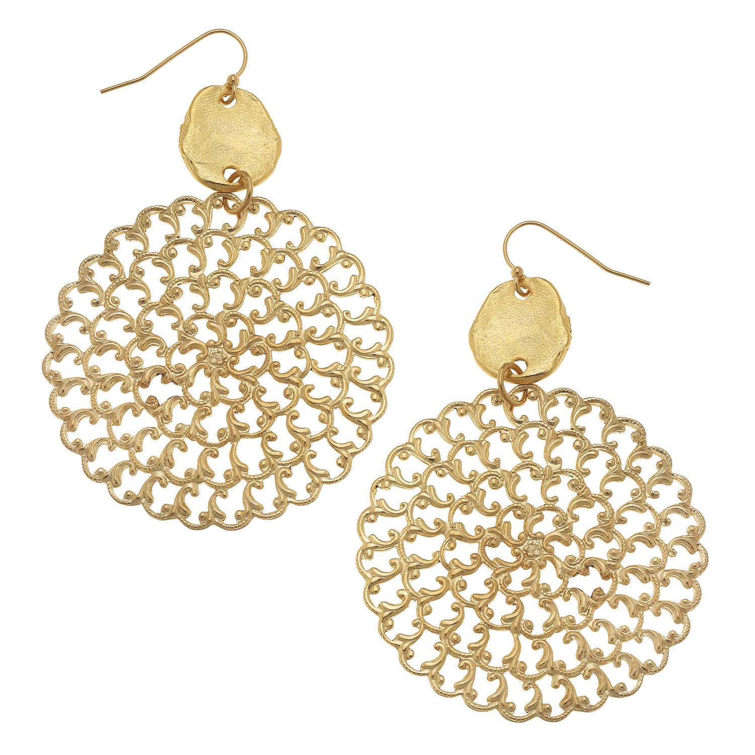 Gold filigree earrings on a white background