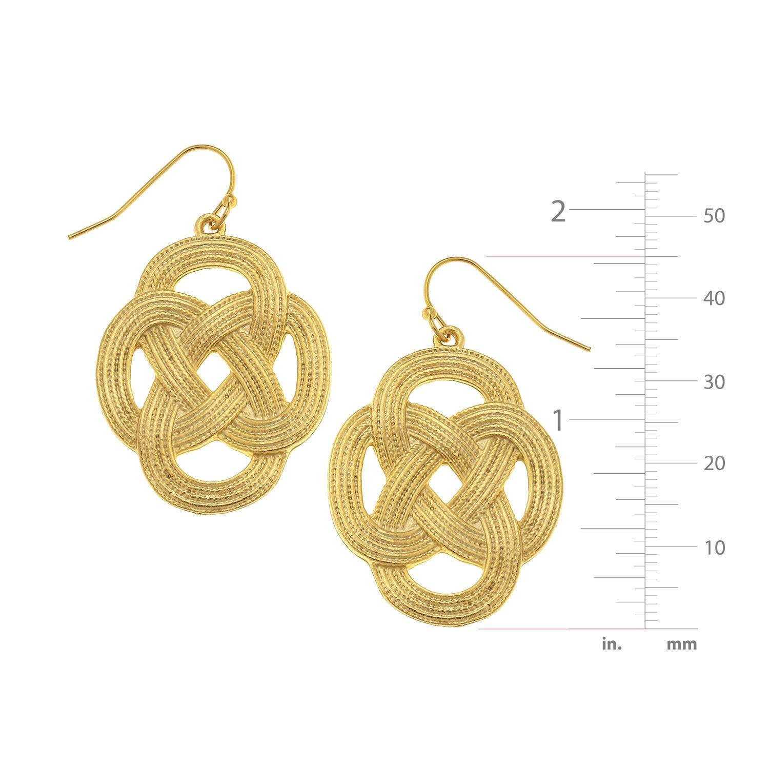 Gold Celtic knot earrings with a size measurement chart on a white background