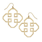 Gold geometric earrings on a white background