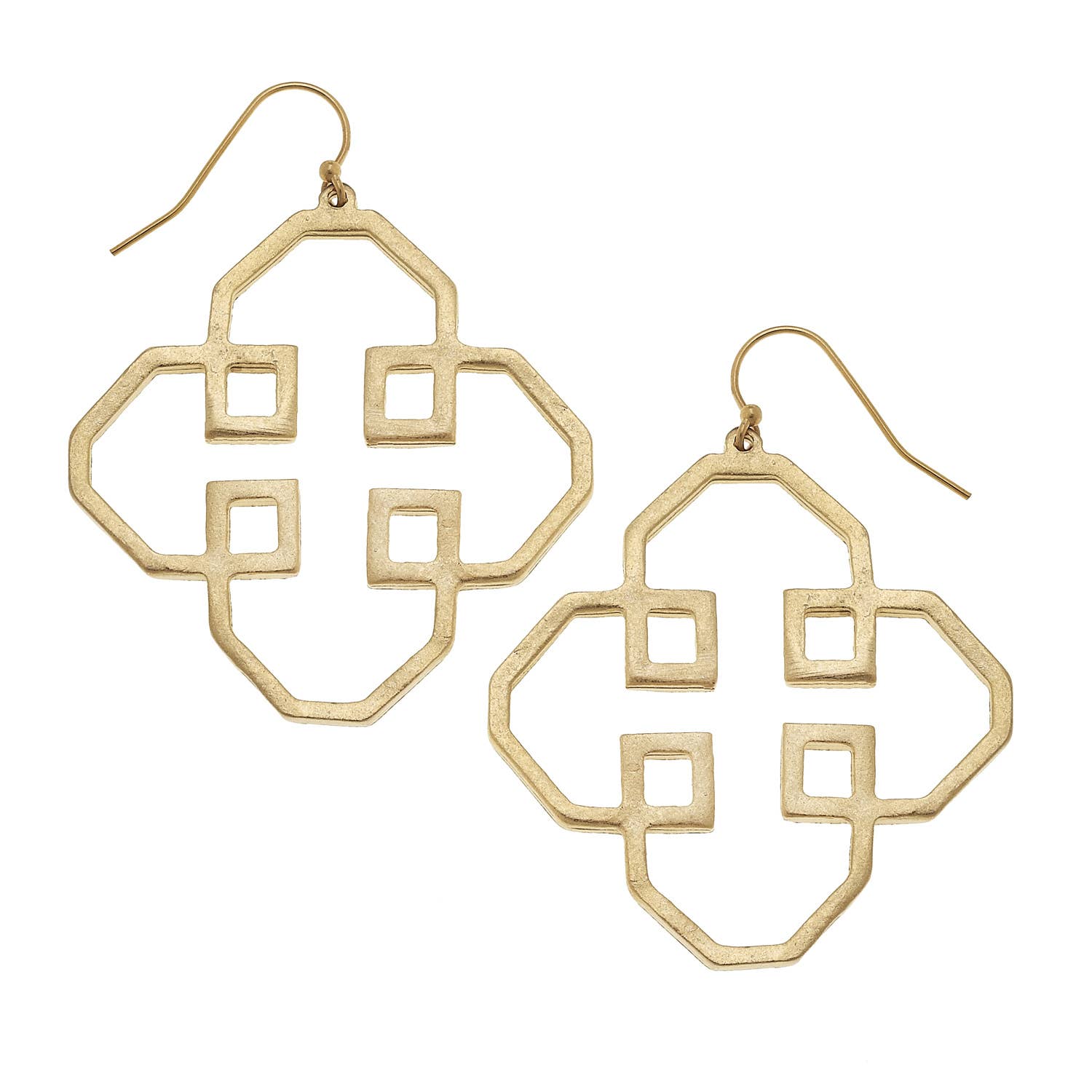 Gold geometric earrings on a white background