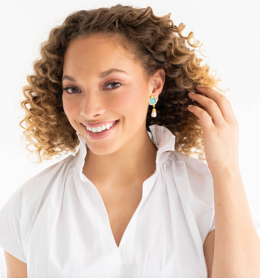 Model showcasing Susan Shaw Riviera Teal Charlotte Earrings