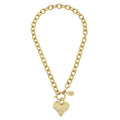 Gold chain bracelet with a heart-shaped charm on a white background