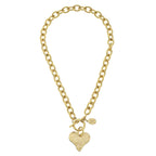 Gold chain bracelet with a heart-shaped charm on a white background