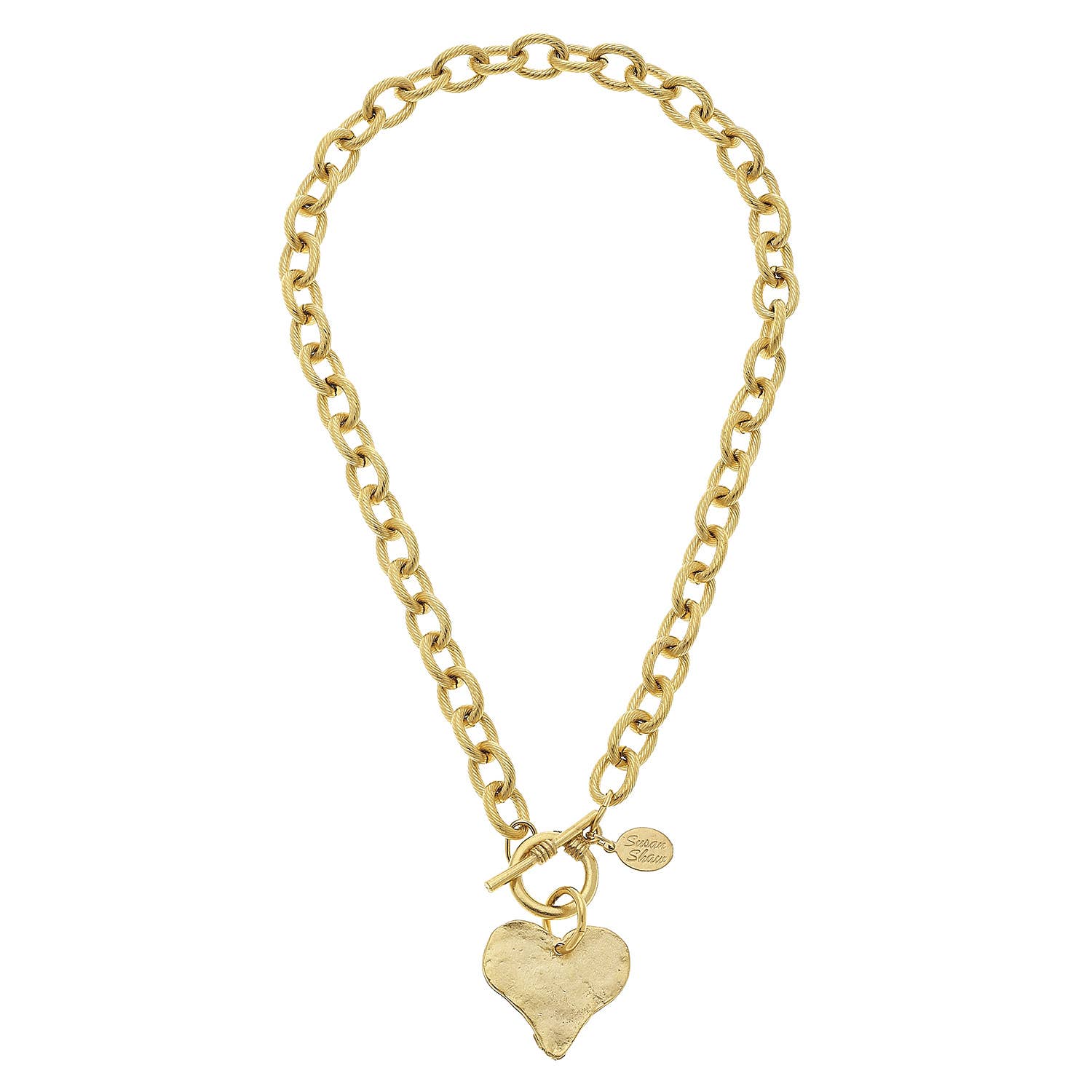 Gold chain bracelet with a heart-shaped charm on a white background