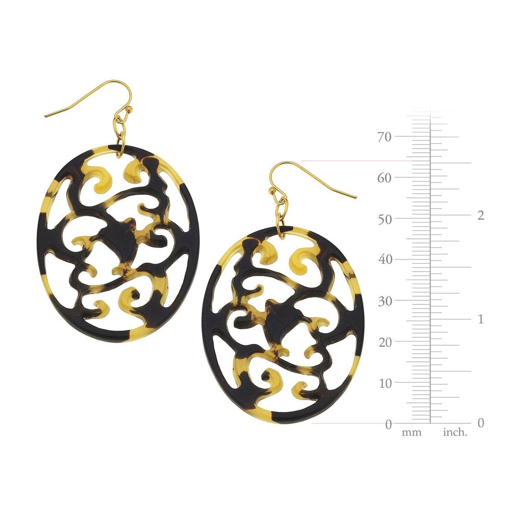 Black and gold earrings with a measurement scale on a white background