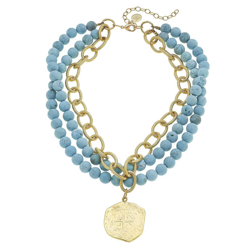 Stacked necklace with turquoise beads, gold chain and gold coin