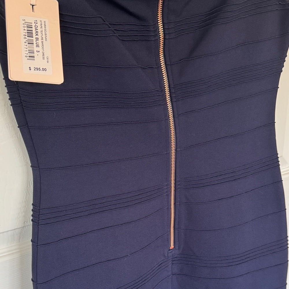 Navy blue dress with a zipper detail and a visible tag on a white background