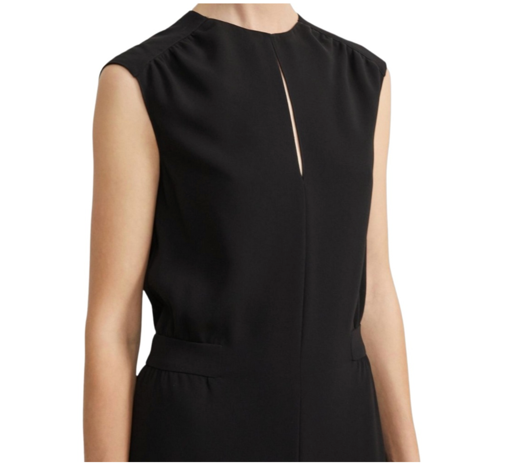 Black sleeveless dress with a cutout detail on a white background