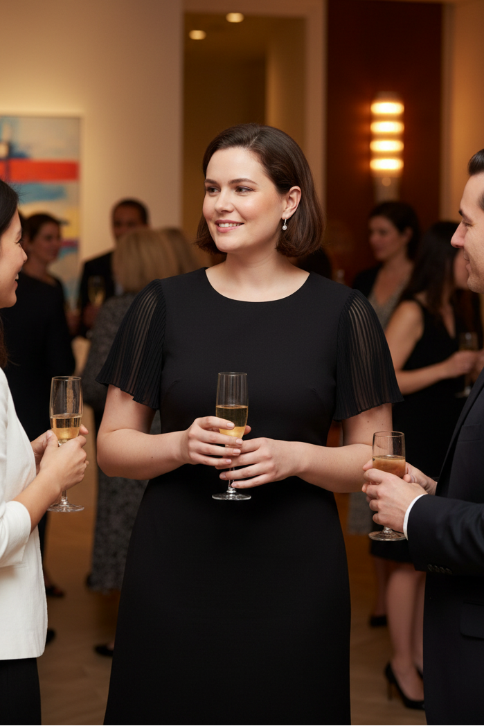 Lifestyle image of woman in black Tommy Hilfiger dress at social event
