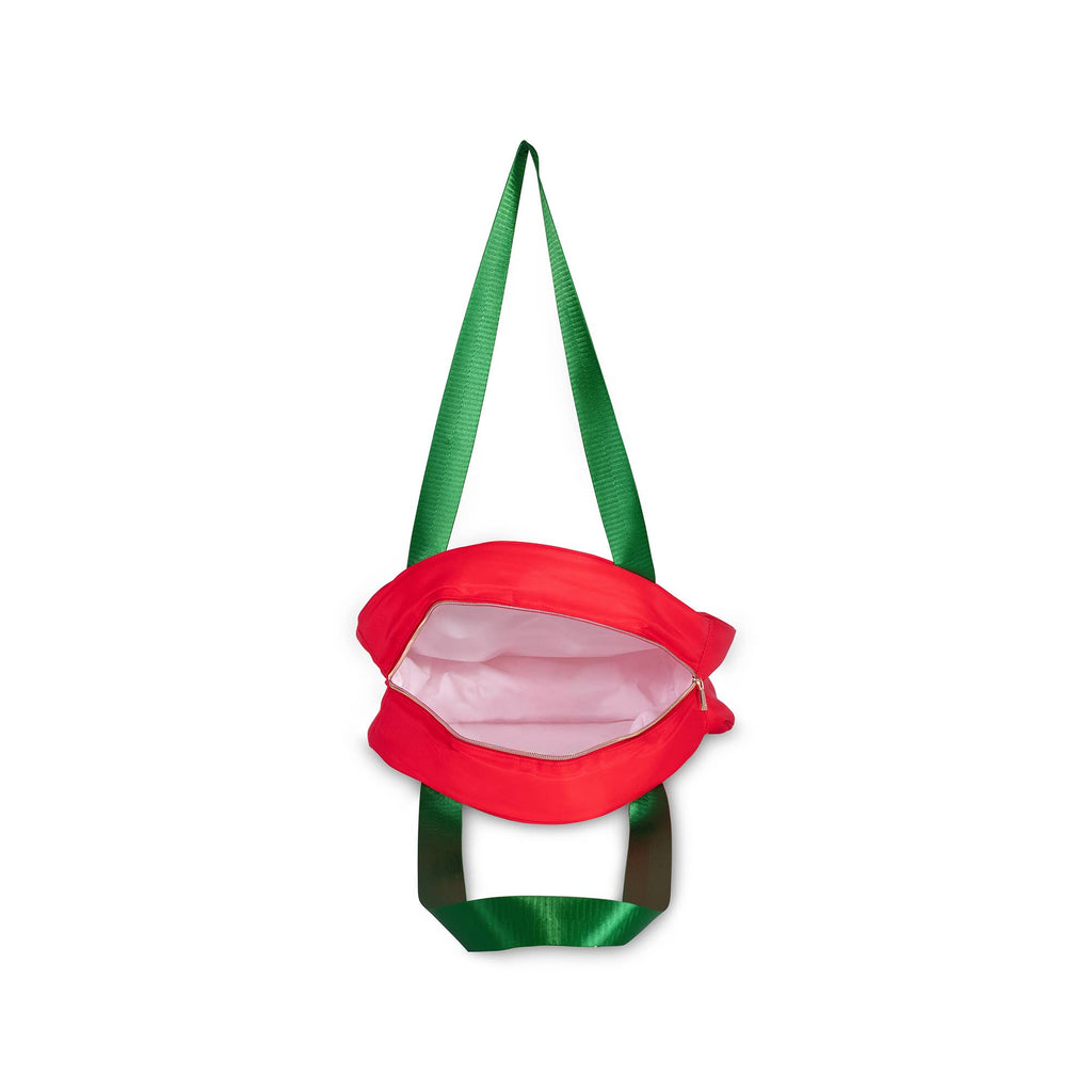 Red bag with green strap on a white background