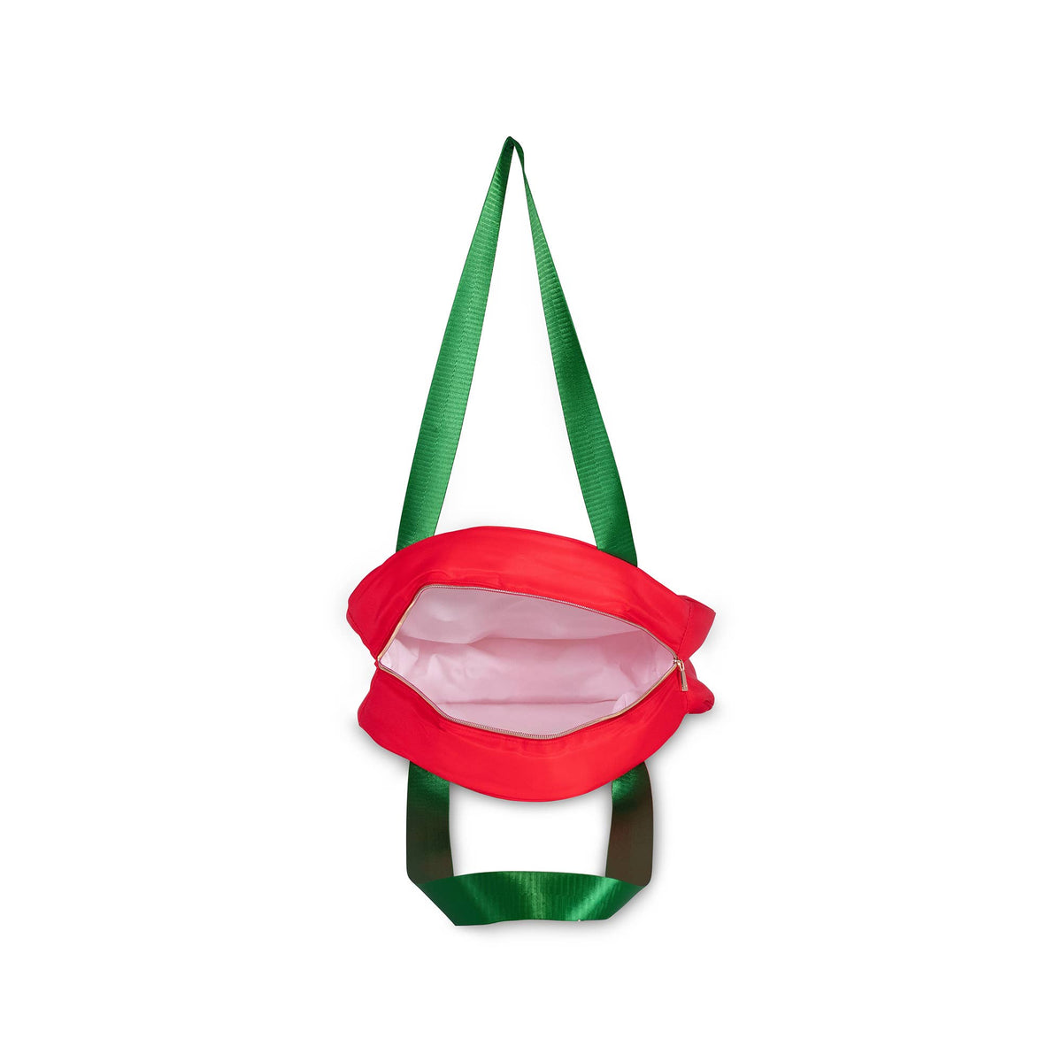 Red bag with green strap on a white background