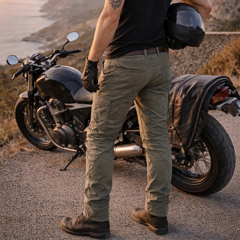 Person standing on the side of the road next to a motorcycle wearing green pants