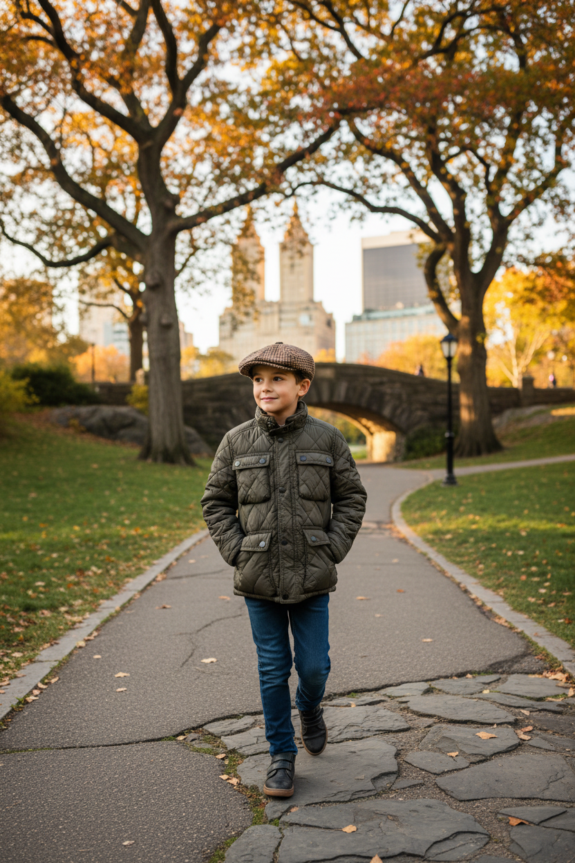 Young boy in olive puffer jacket with pageboy hat walking in Central Park