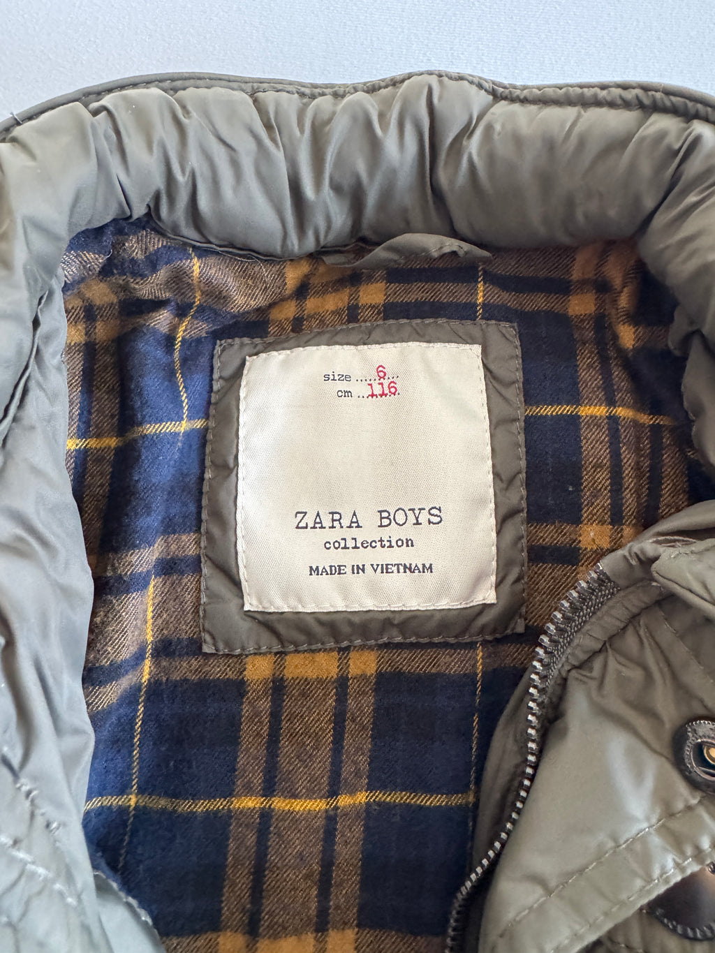 Dude!  Zara Boys Quilted Puffer Jacket — Olive Green (Size 6)