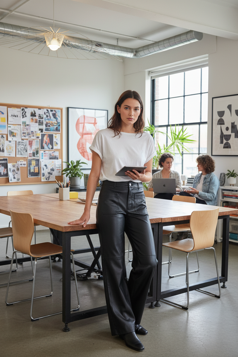 Young woman in black leather pants and white tee at work