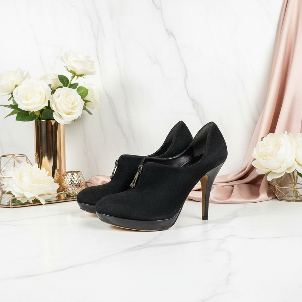Bright glamorous setting for black suede Via Spiga heels